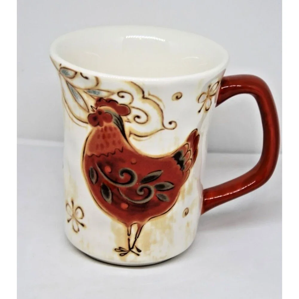 Pier 1 Rooster Coffee Tea Mugs Gallo Pattern Chicken Bird 14 oz.
